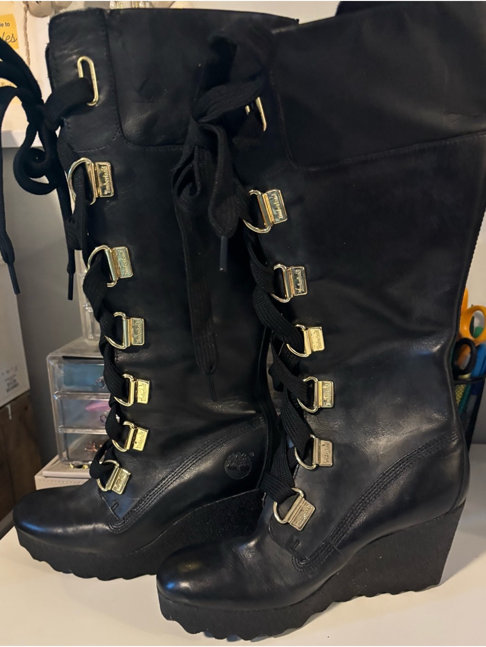 Timberland Black Lace-Up Wedge Heeled Boots with Gold Hardware